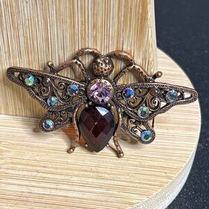 Aurora Borealis Rhinestone Bronze Colored Bug Insect Brooch Pin 1928 Brand